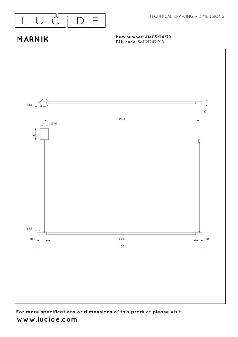 Lucide MARNIK - Závesné svietidlo - Ø 2,5 cm - LED Rozm. - 1x24W 2700K/4000K - Čierny